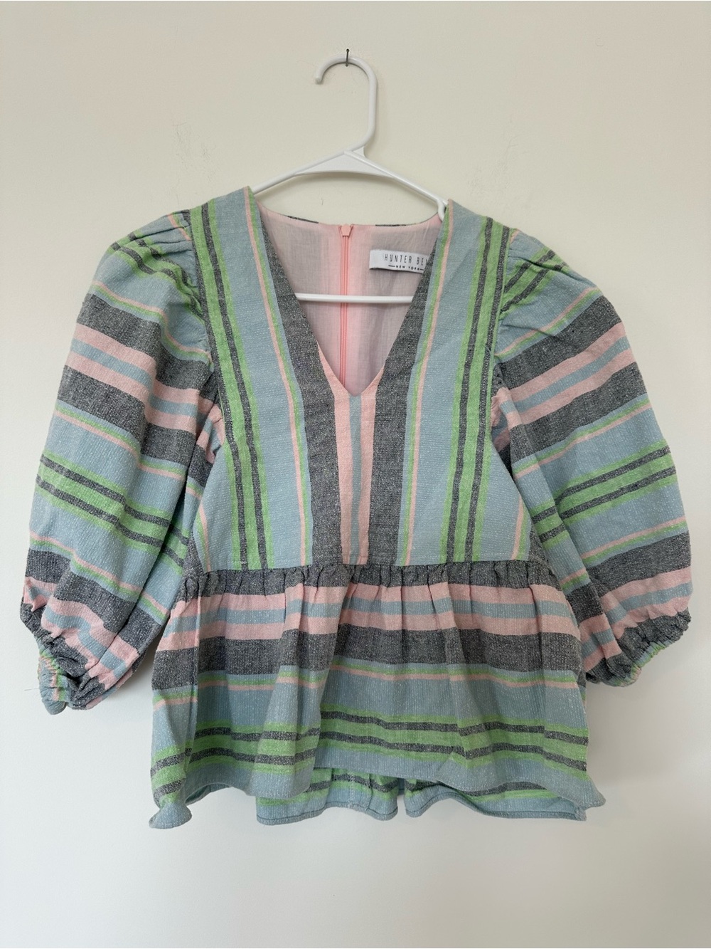 HUNTER BELL Pastel Striped V-Neck Peplum Top - Pink, Green, Gray XS